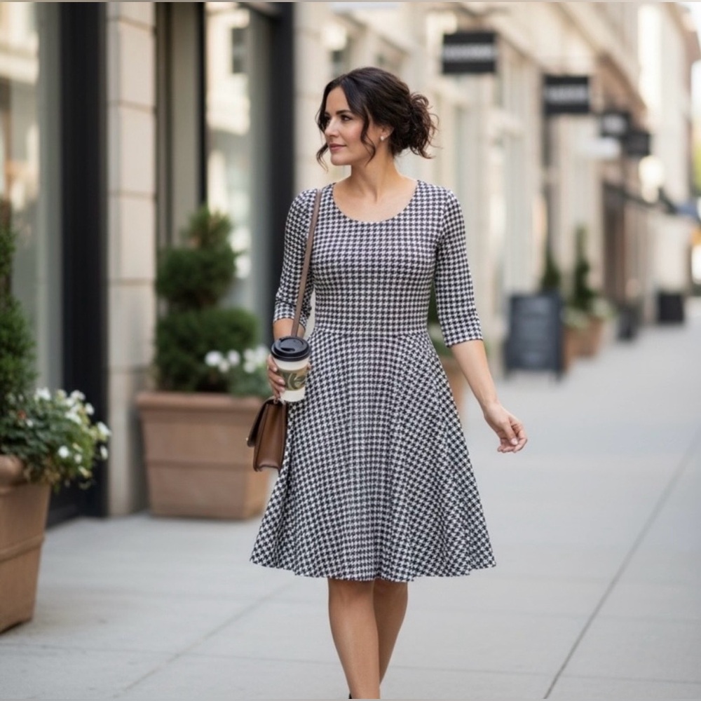 Classic Black & White Houndstooth Fit-and-Flare Dress
